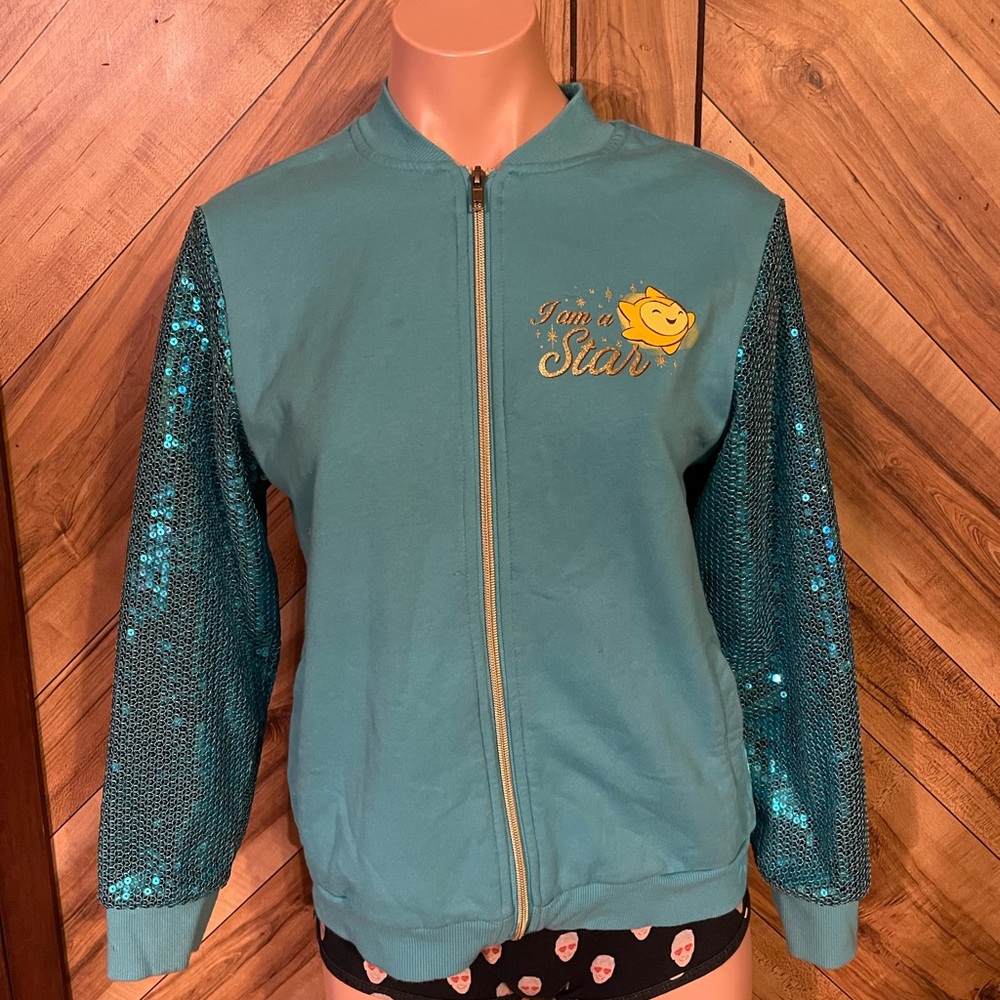 Disney Wish Juniors XL Sequined Sleeve Blue Zipper Jacket - Picture 2 of 8